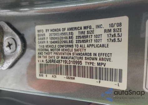 2009 Honda Cr-V Ex-L из США, поврежденный, VIN 5J6RE48719L010995